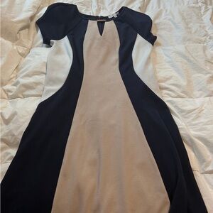 Sandra Darren Navy Colorblock Sheath Dress Textured Knit Gold Bar Accent Size 10